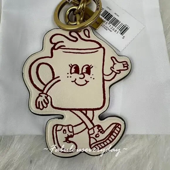 COACH Coffee Cup Bag Charm Lil Miss Jo In Leather/Brass/Chalk Multi New - Picture 3 of 5